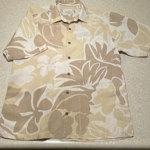 Tommy Bahama Linen Camp Shirt size Large Green/yellow floral print